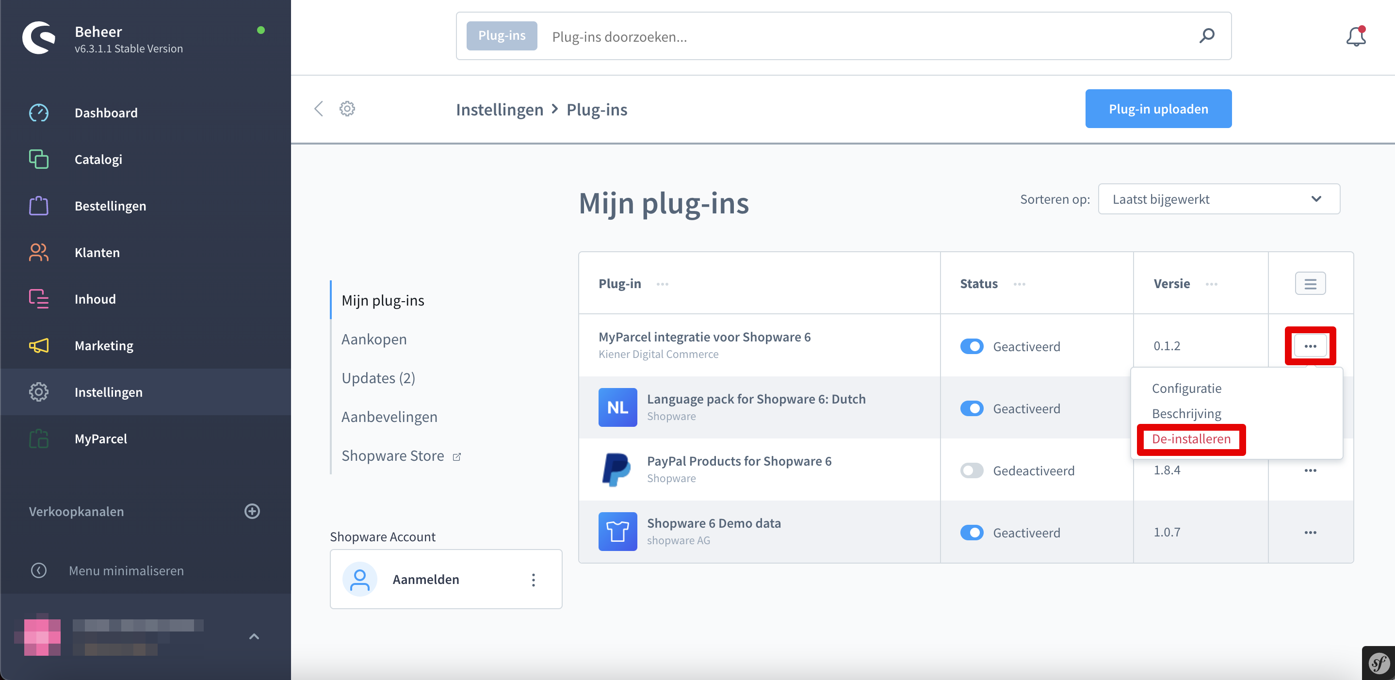 shopware de-installeren plugin